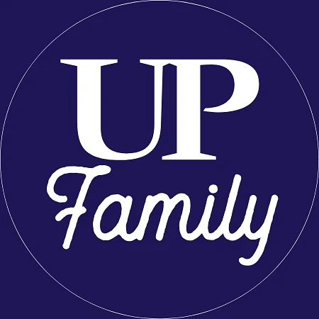 The image features the words "UP Family" in white text on a dark blue circular background.
